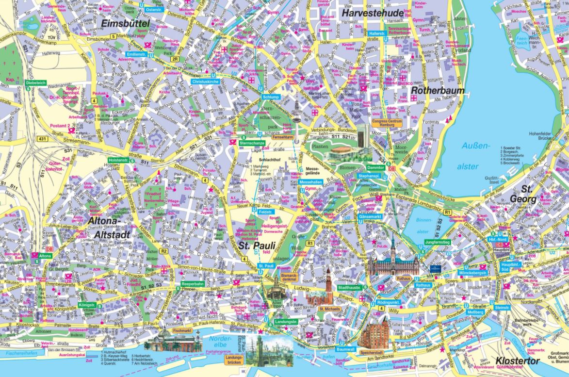 Gratis Hamburg Stadtplan mit Sehenswürdigkeiten zum Download