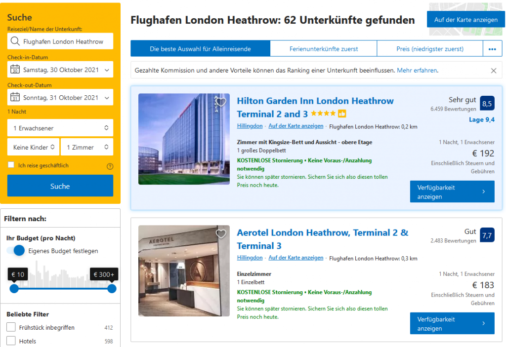 Travala im Test: Preisvergleich am Beispiel London Heathrow - Booking.com - (c)planative.net