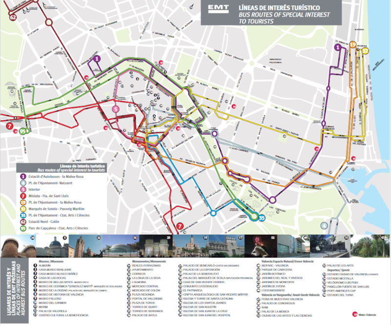 Stadtplan von Valencia mit den touristisch relevanten Buslinien von (c) experiencesvalencia.com