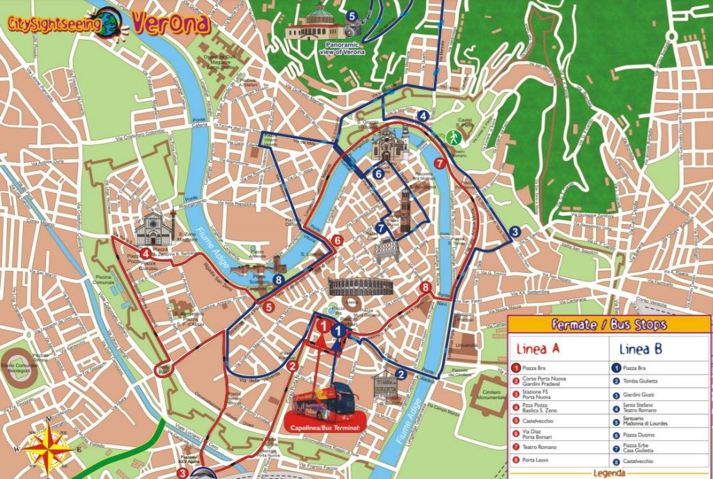 touristischer Verona Stadtplan mit den verfügbaren Hop On Hop Off Touren (c) Citysightseeing Verona