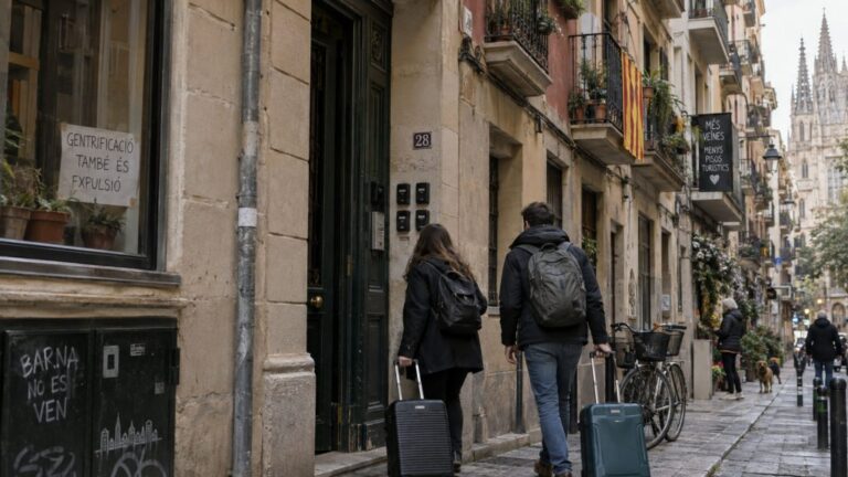 Reisende mit Koffern vor einem europäischen Wohnhaus mit Schlüsselboxen als Symbol für Airbnb, Kurzzeitvermietung und die neuen EU-Regeln 2026