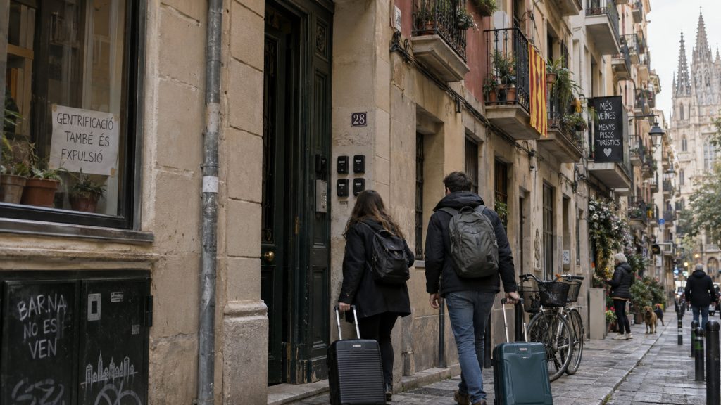 Reisende mit Koffern vor einem europäischen Wohnhaus mit Schlüsselboxen als Symbol für Airbnb, Kurzzeitvermietung und die neuen EU-Regeln 2026