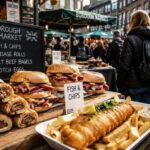 15 günstige Gerichte in London Günstiges Street Food und typische Londoner Snacks auf einem Markt in London