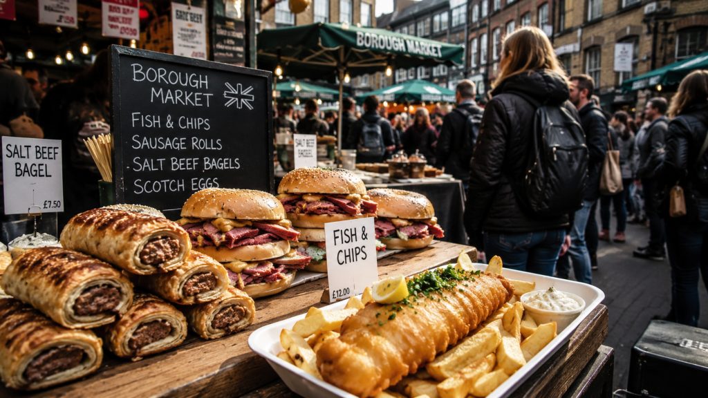 Günstiges Street Food und typische Londoner Snacks auf einem Markt in London